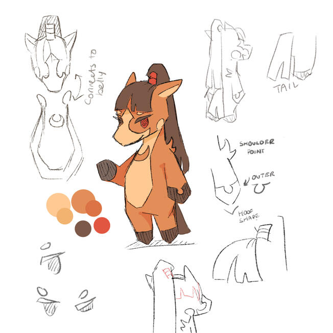 Sample of design sheet I make for myself. A dramatic and energetic horse, Date is one of the mailroom clerks that can move onto the island