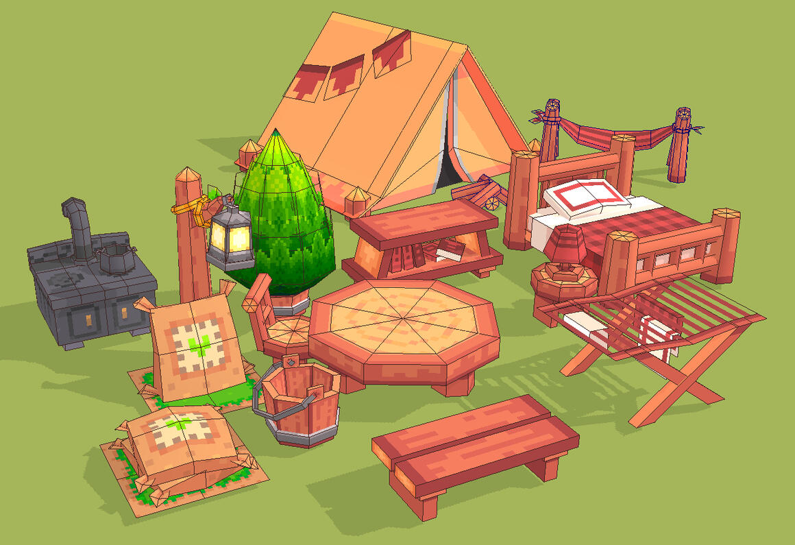 Cypress set of furniture that players are able to freely place in the world, dye different colours, and interact with