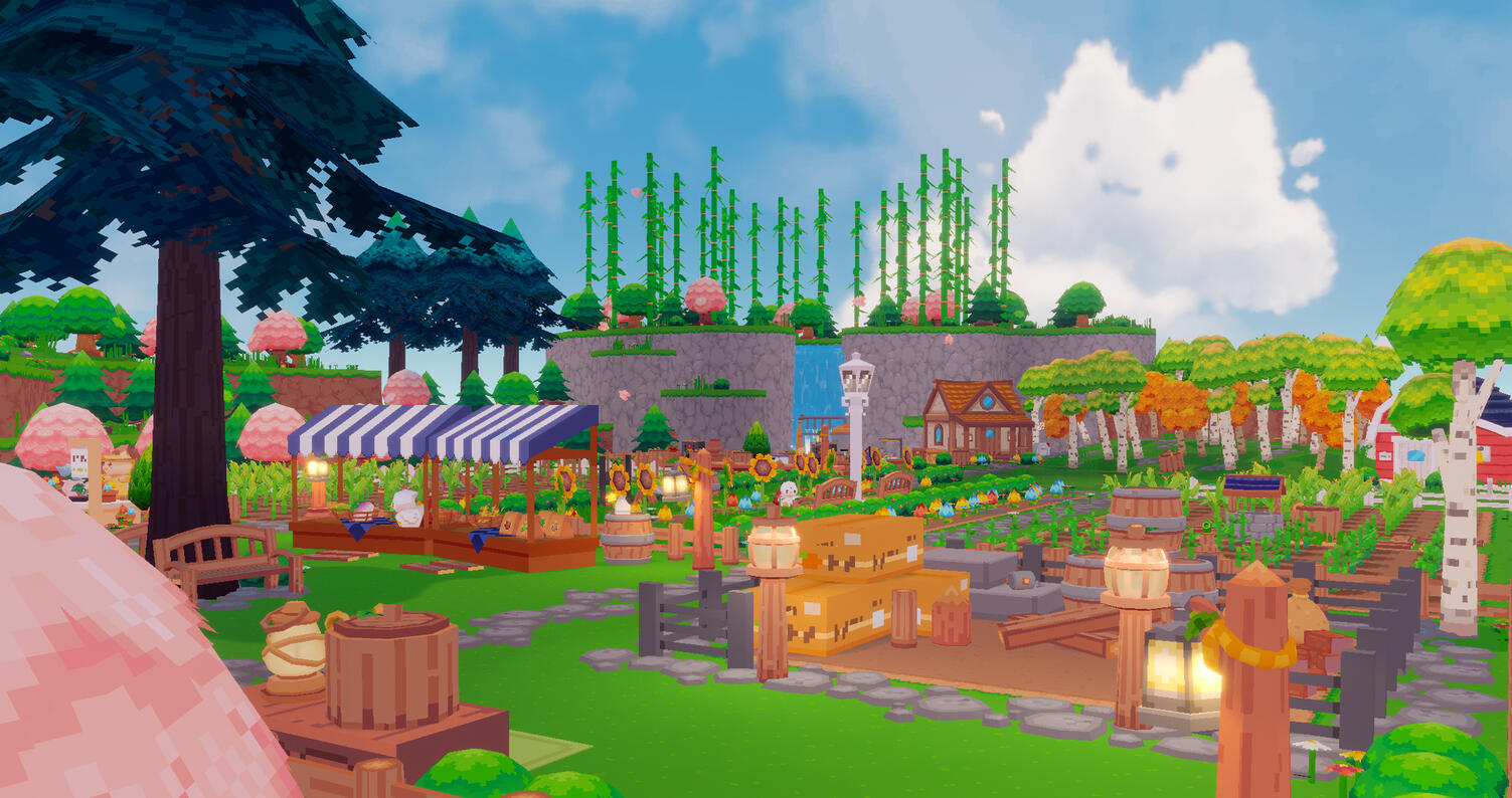 In-game screenshot featuring a player&#39;s save file where they placed buildables and foliage to their taste. Trees go through seasonal changes, and lights are able to be turned on and off to the player&#39;s discretion