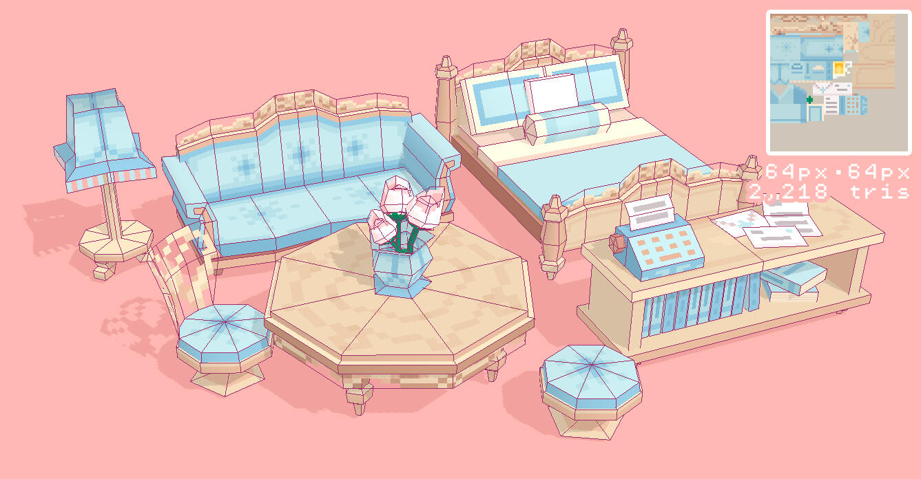Vintage set of furniture that players are able to place freely in the world, dye different colours, and interact with