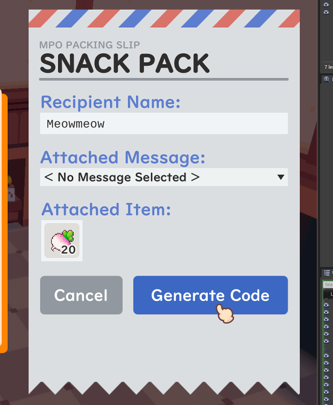 UI for sending items to other players offline using a code system