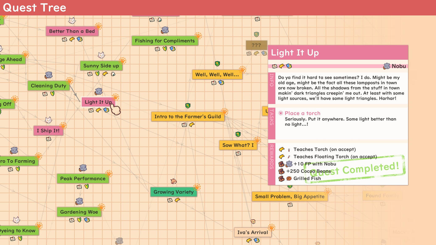The quest tree can be used with the gamepad&#39;s left stick to pan or mouse and keyboard. Questlines are grouped together to help players relevant quests