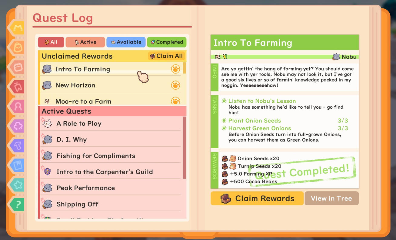 The journal allows players to pin quests to their HUD, look through completed quests, or check which ones are available to unlock